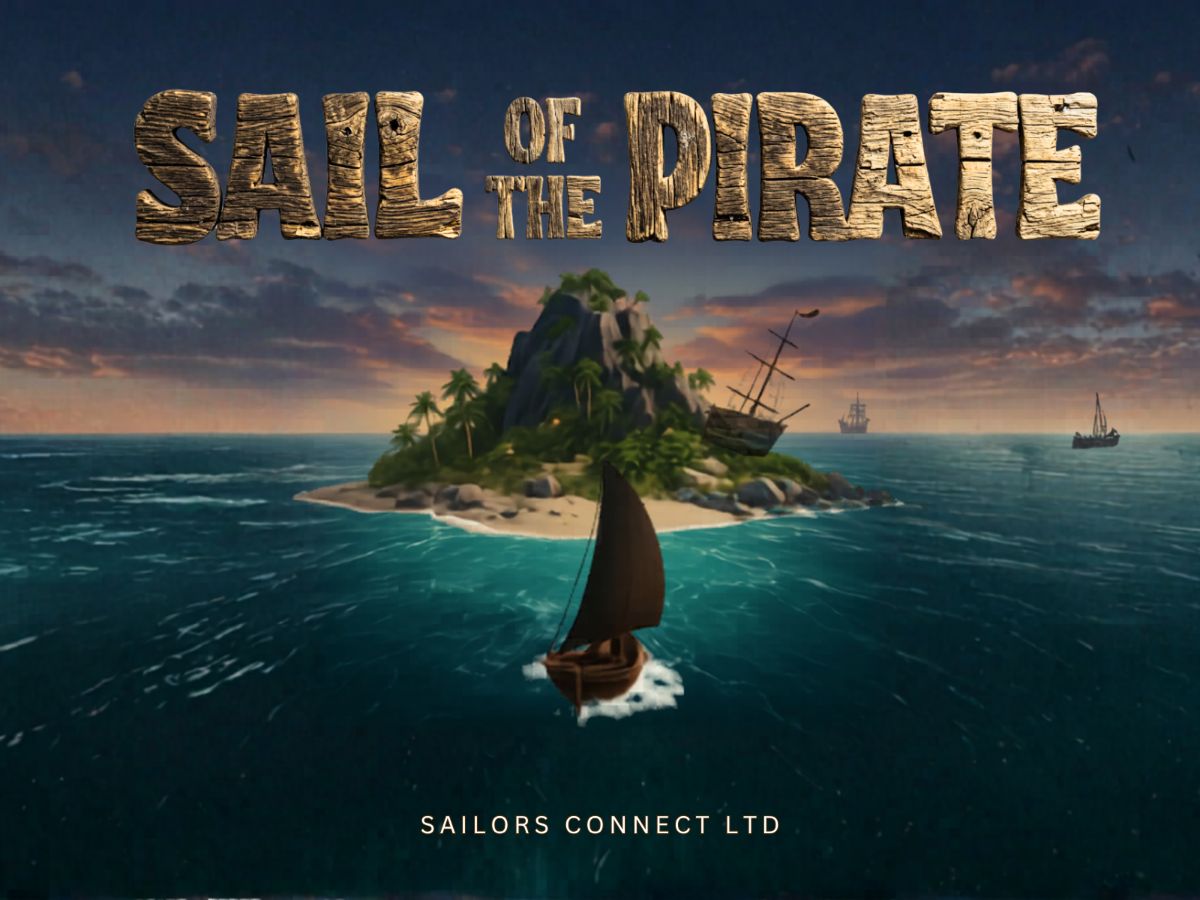 Sail of the Pirate key art: a pirate sailboat off a tropical island at sunset