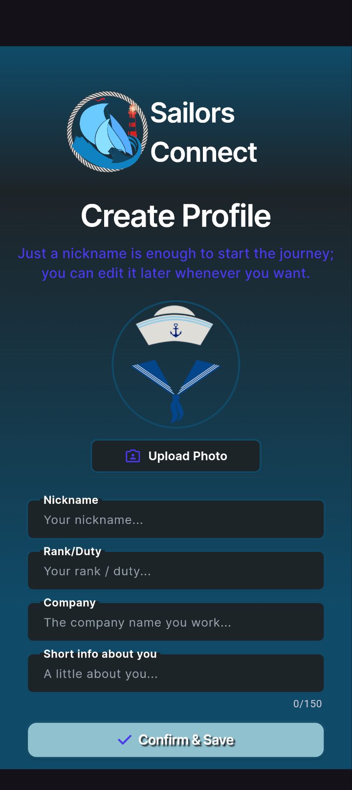 Create profile screen