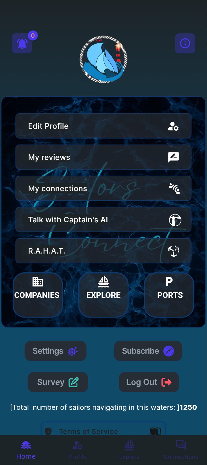 Sailors Connect home screen