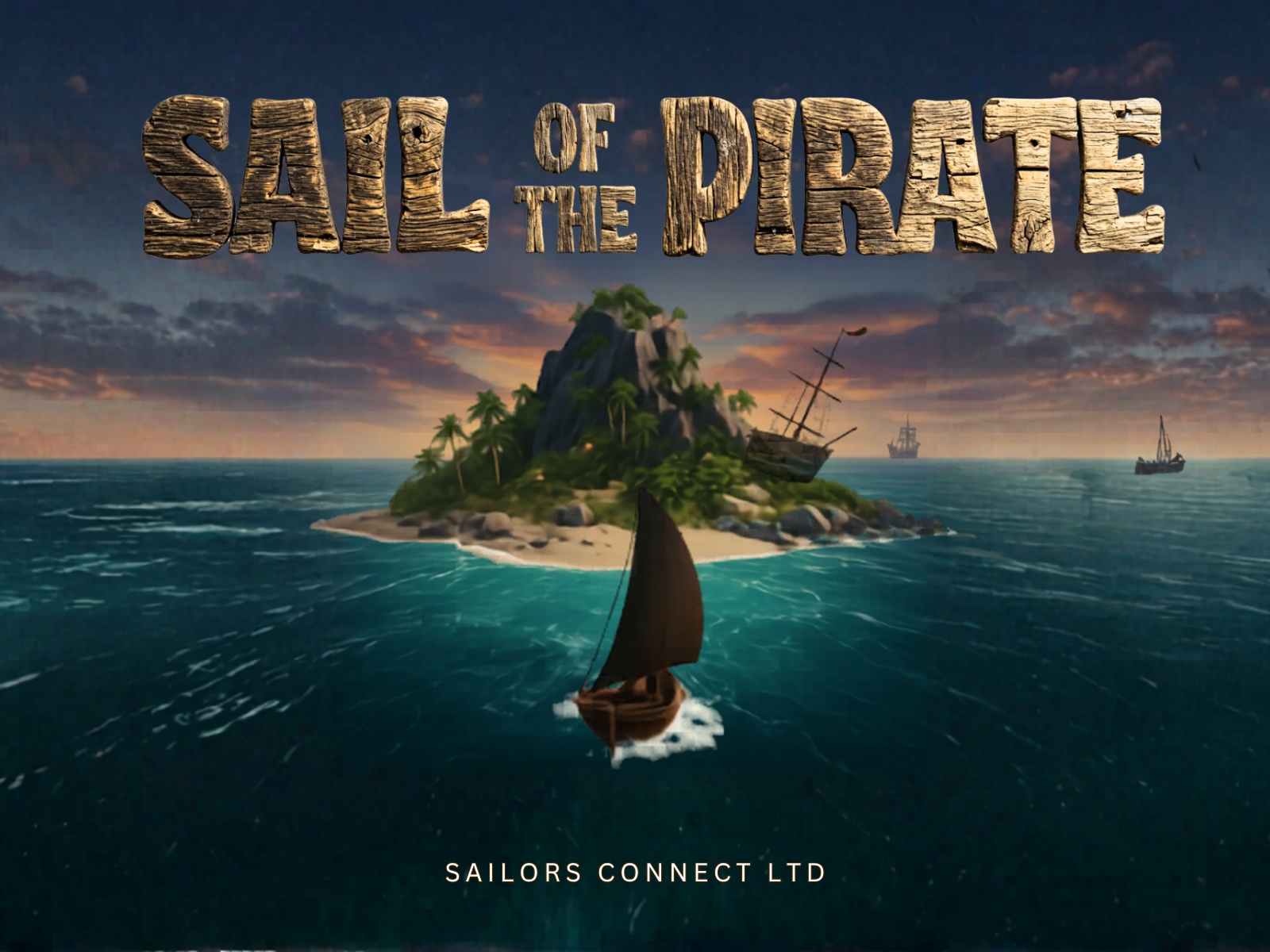Sail of the Pirate — a lone sailboat approaches a treasure island at sunset