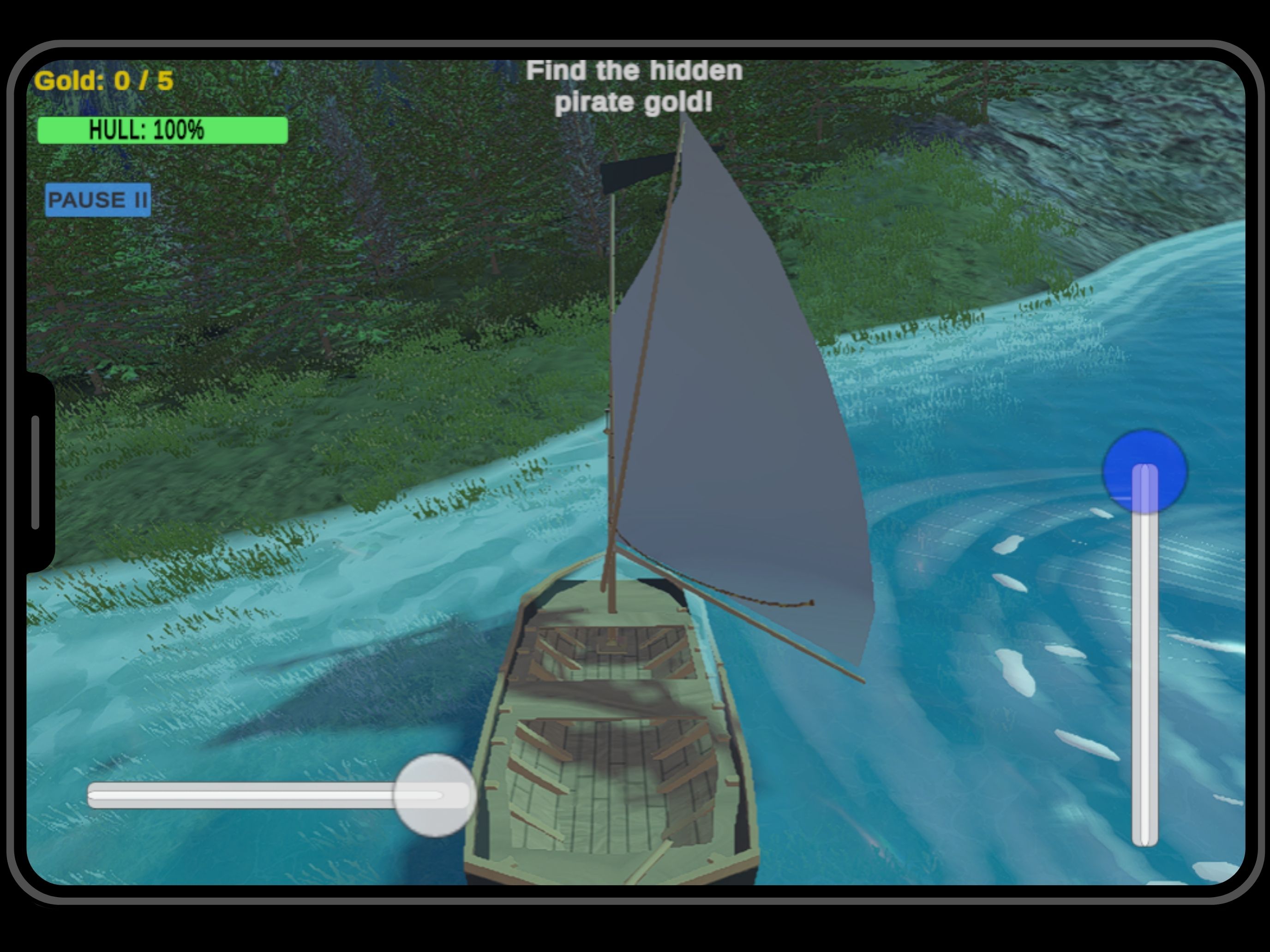 Navigating a narrow channel along a forested island shore