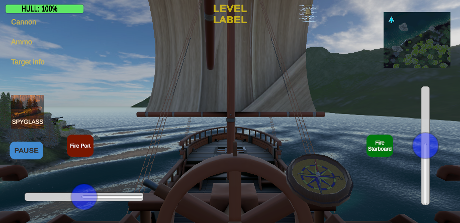Galleon combat — fire port and starboard cannons at shore targets