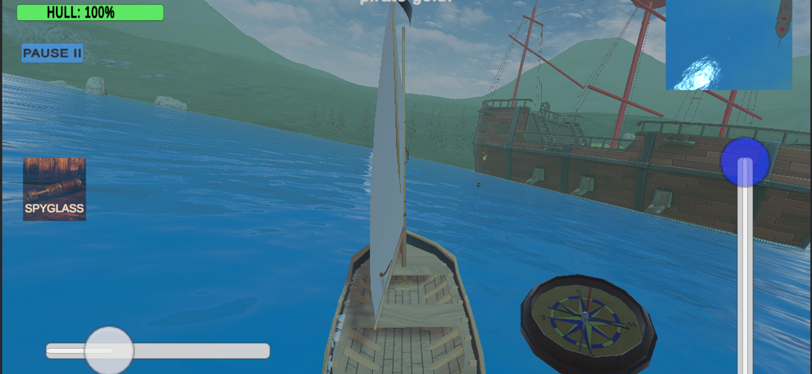 In-game HUD showing the hull bar, spyglass tool, compass and sail control slider